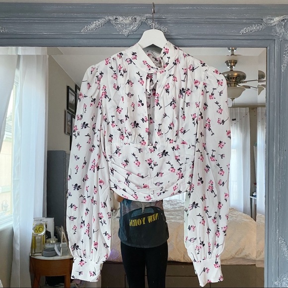 NWT BROGNANO Floral Bow Tie Blouse in White XS 38 - Picture 2 of 11